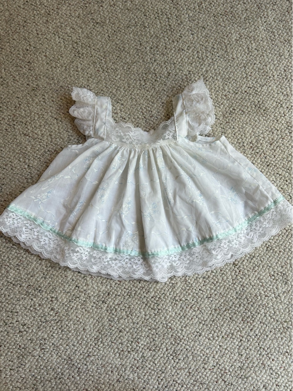 Vintage White Lace Baby Dress Top with Mint Trim